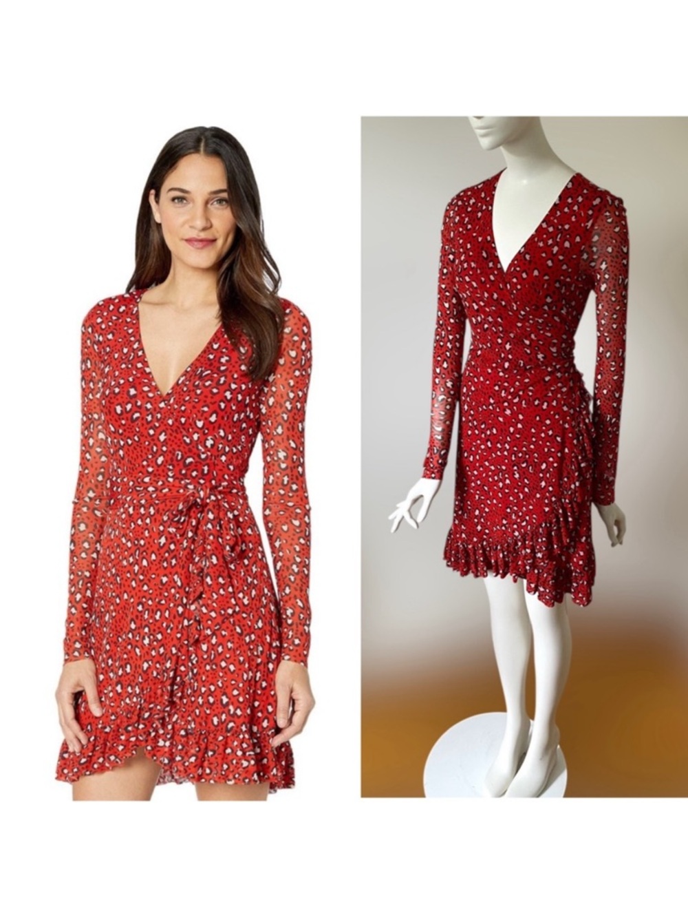NWT Sanctuary Red Leopard-Print Long-Sleeve Wrap Mini Dress, Size L